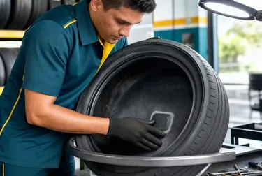 Profissional consertando um pneu em Chapecó.