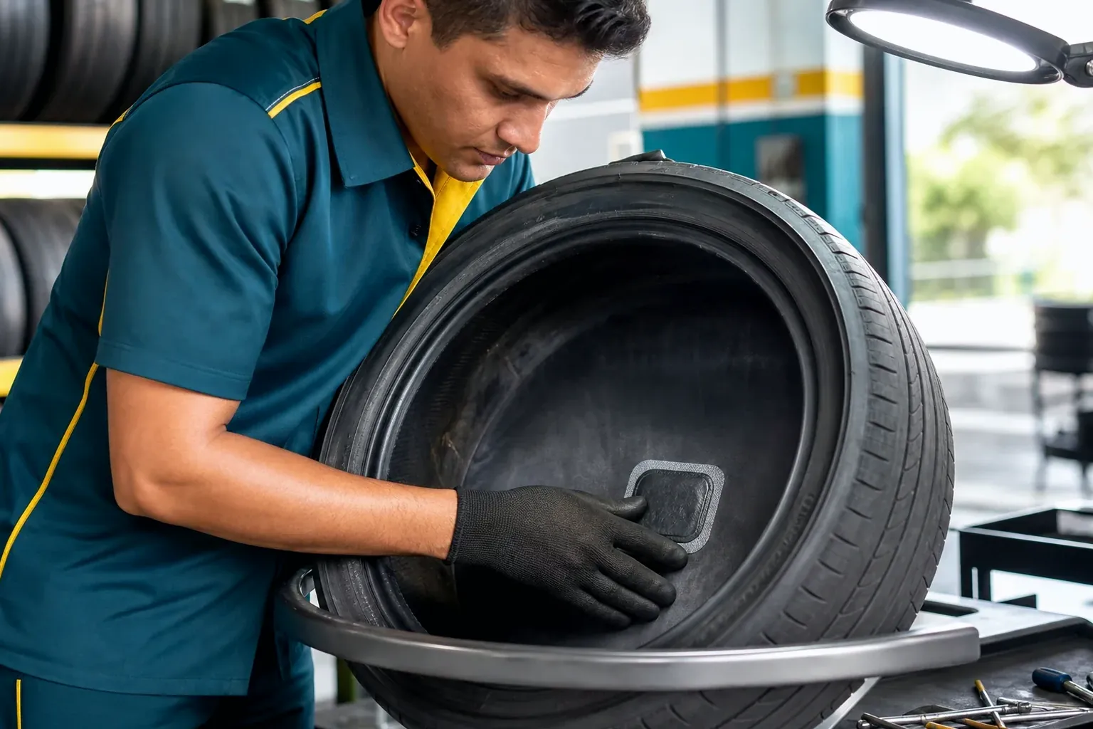 Profissional consertando um pneu em Chapecó.