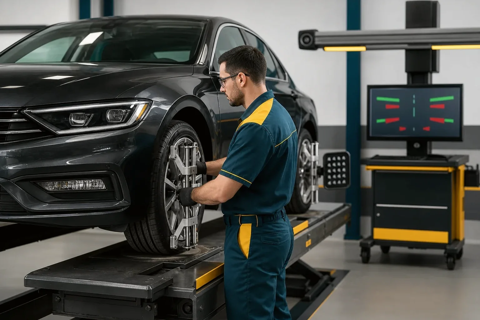 Técnico alinhando rodas de um veículo em Chapecó.