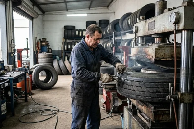 Técnico realizando vulcanização de pneus em Chapecó.