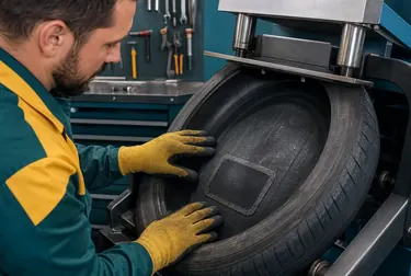 Técnico realizando vulcanização de pneus em Chapecó.