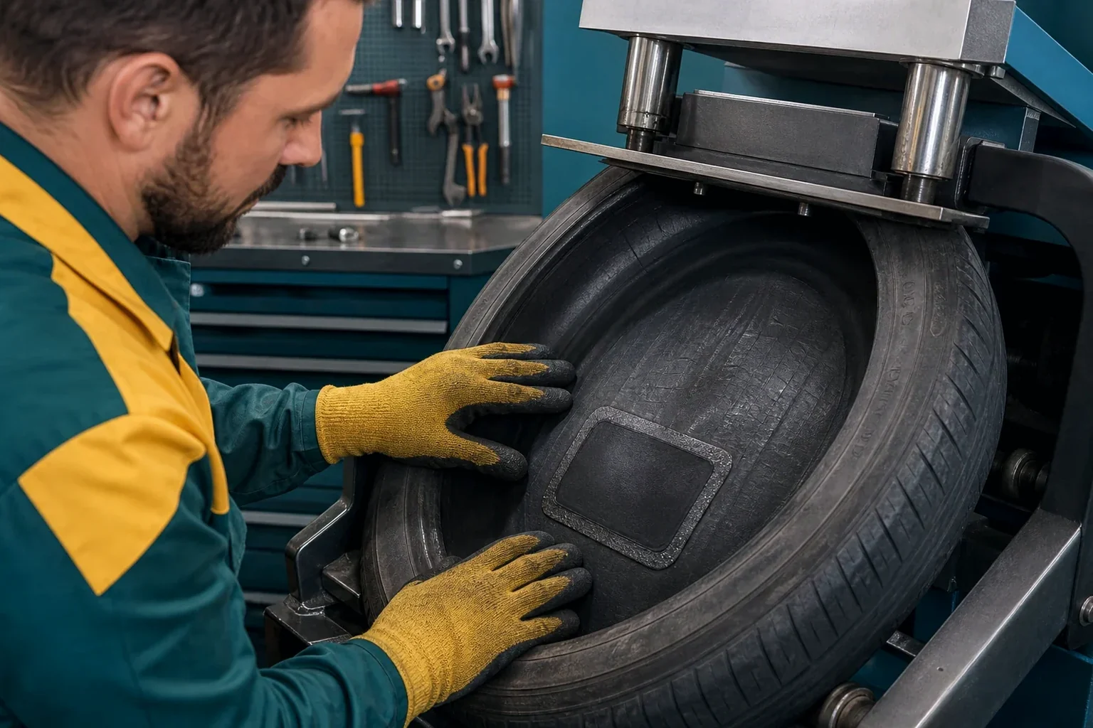 Técnico realizando vulcanização de pneus em Chapecó.
